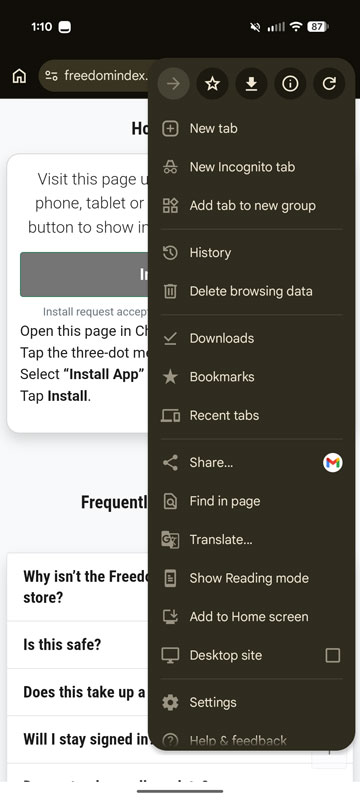 Screenshot of the Android install process