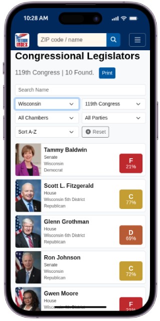 Freedom Index App legislator share screen
